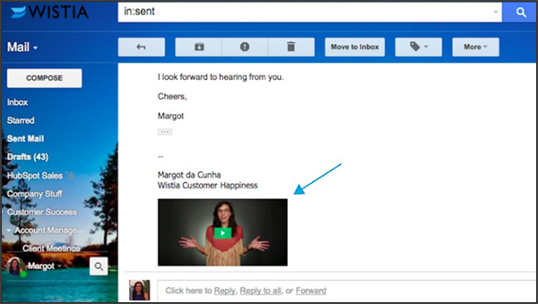 Screenshot showing an email with a thumbnail image embedded that links to a video