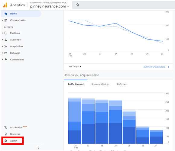 Screenshot of Pinney Insurance's Google Analytics showing the Admin menu option