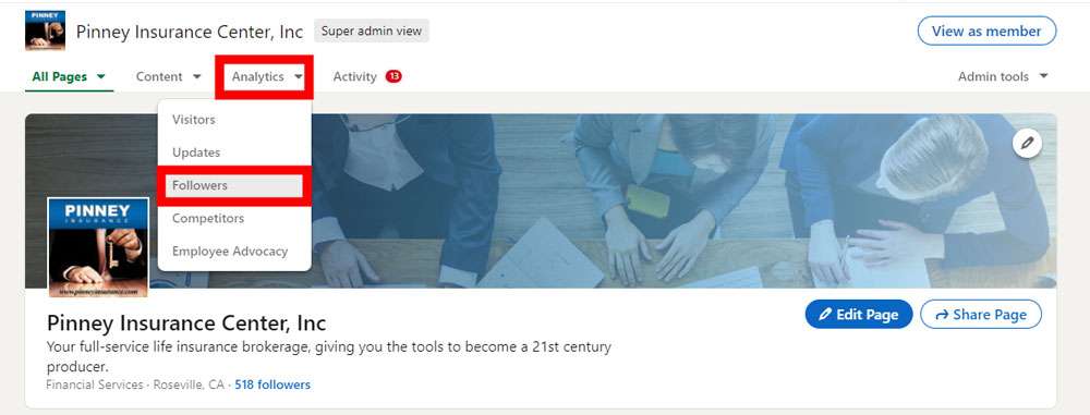 Screenshot of the Pinney Insurance LinkedIn page showing where to find the page insights
