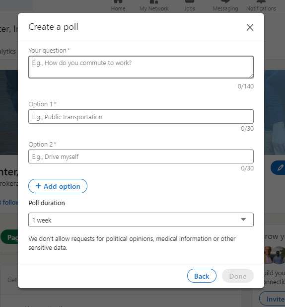 Screenshot of the entry box for creating a poll on LinkedIn