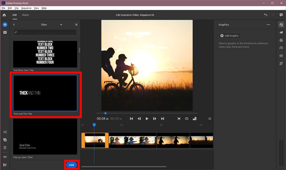 Screenshot of the Adobe Premiere Rush workspace with a graphic to add highlighted along with the Add button