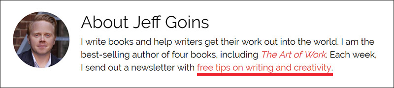 An email list signup offer in Jeff Goins's bio