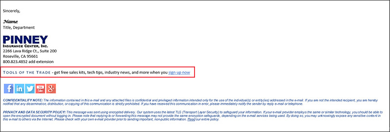 A newsletter sign-up link in the Pinney Insurance email signature