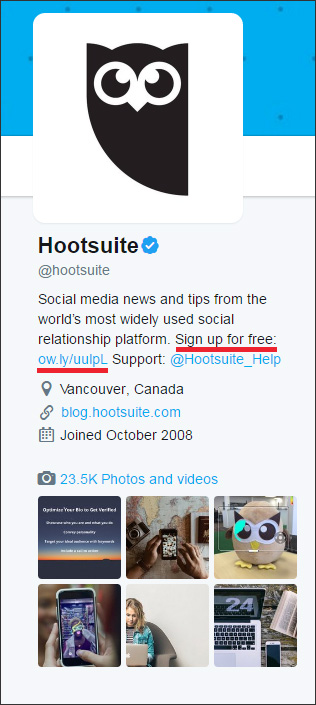 An email list signup offer in Hootsuite's Twitter bio