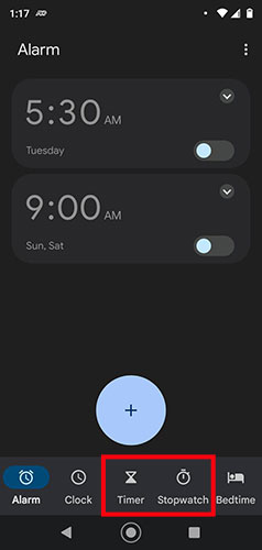 Screenshot of an Android phone's clock app with the timer and stopwatch buttons highlighted
