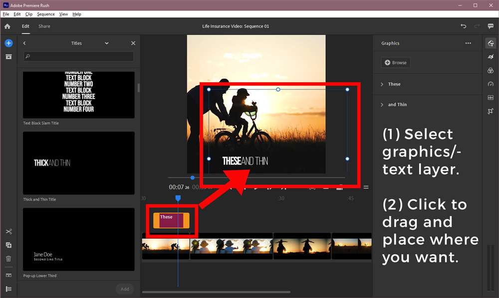 Screenshot of the Adobe Premiere Rush timeline with the new text graphic inserted