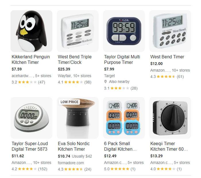 Screenshot of Google search results for kitchen timer