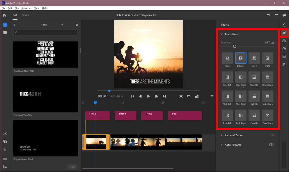Screenshot of the Adobe Premiere Rush timeline with the available transitions highlighted on the right side of the screen