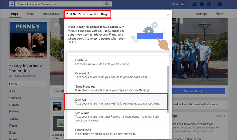 Edit call to action button on a Facebook page