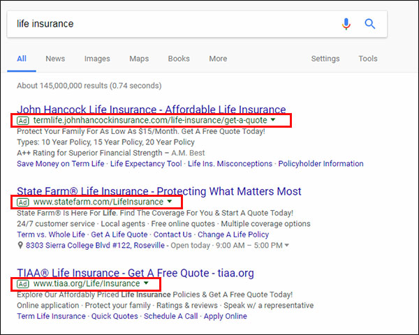 AdWords ads in Google search results