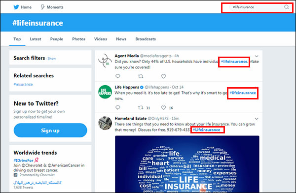 Sample hashtag search on Twitter