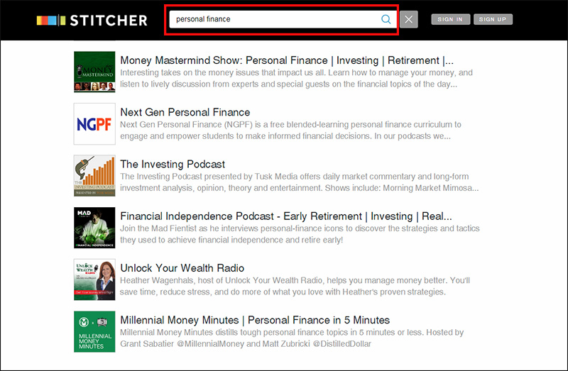Search Stitcher for relevant podcasts