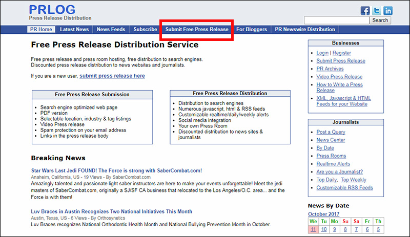 Use PRLog.org to send a free press release