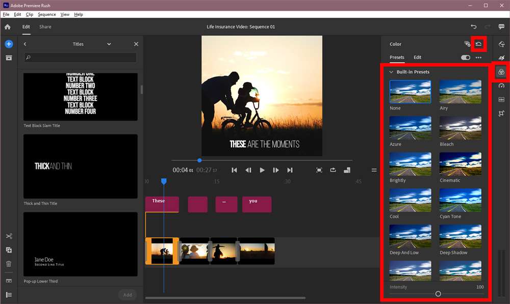 Screenshot of the Adobe Premiere Rush timeline with the available color presets highlighted on the right