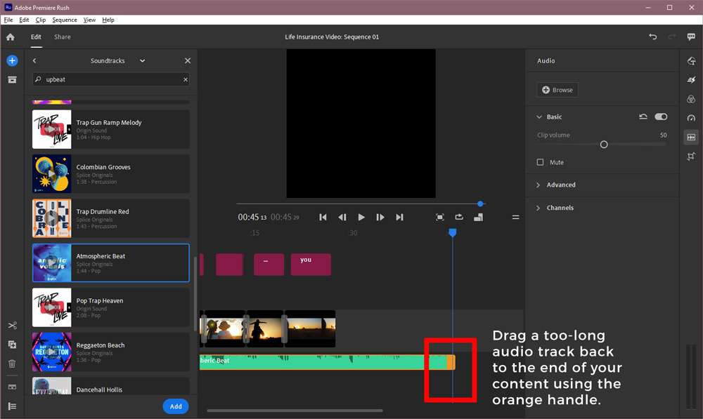 Screenshot of the Adobe Premiere Rush timeline with the audio track highlighted
