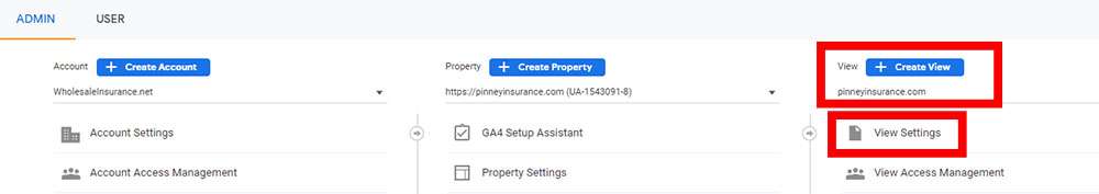 Screenshot of Pinney Insurance's Google Analytics showing the View Settings menu option