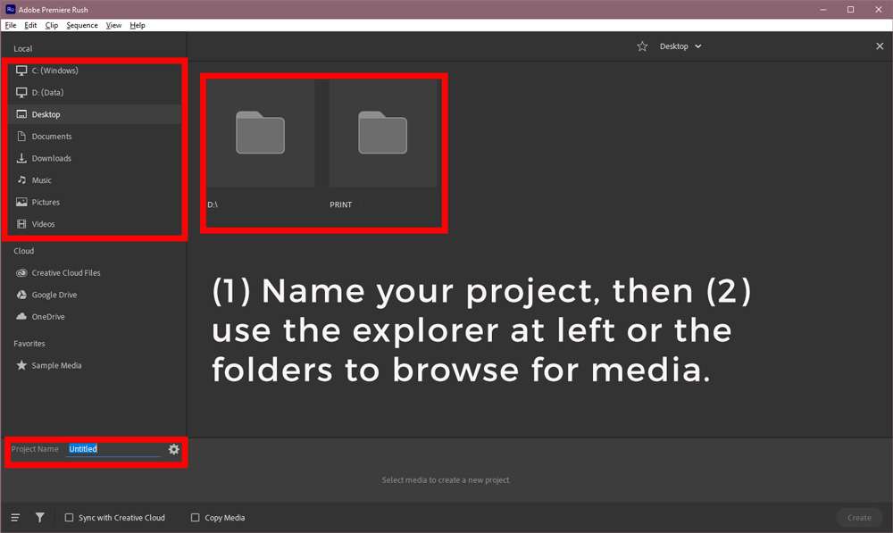 Screenshot of the Adobe Premiere Rush dashboard with media import options highlighted