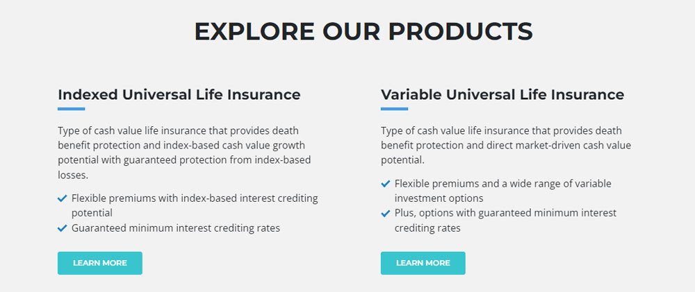 Screenshot of text that says: 'Indexed Universal Life Insurance: Type of cash value life insurance that provides death benefit protection and index-based cash value growth potential with guaranteed protection from index-based losses. Variable Universal Life Insurance: Type of cash value life insurance that provides death benefit protection and direct market-driven cash value potential.'