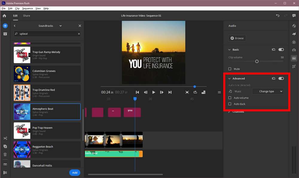 Screenshot of the Adobe Premiere Rush timeline with the Auto Duck option available in the left hand menu