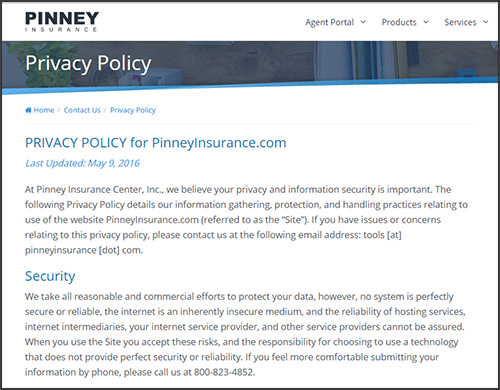 Screenshot of the Pinney Insurance website's Privacy Policy page