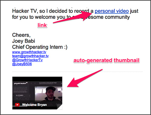 Screenshot showing an email with a thumbnail image embedded that links to a customized welcome video