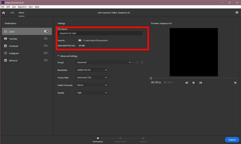 Screenshot of the Adobe Premiere Rush workspace with the export settings displayed