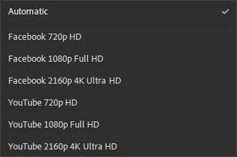 Screenshot of the Adobe Premiere Rush pre-set options for export to Facebook and YouTube
