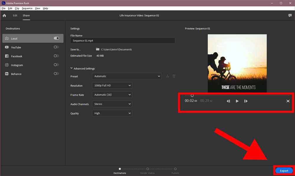 Screenshot of the Adobe Premiere Rush export screen with the Export button highlighted