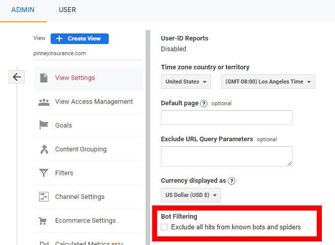 Screenshot of Pinney Insurance's Google Analytics showing the Bot Filtering option