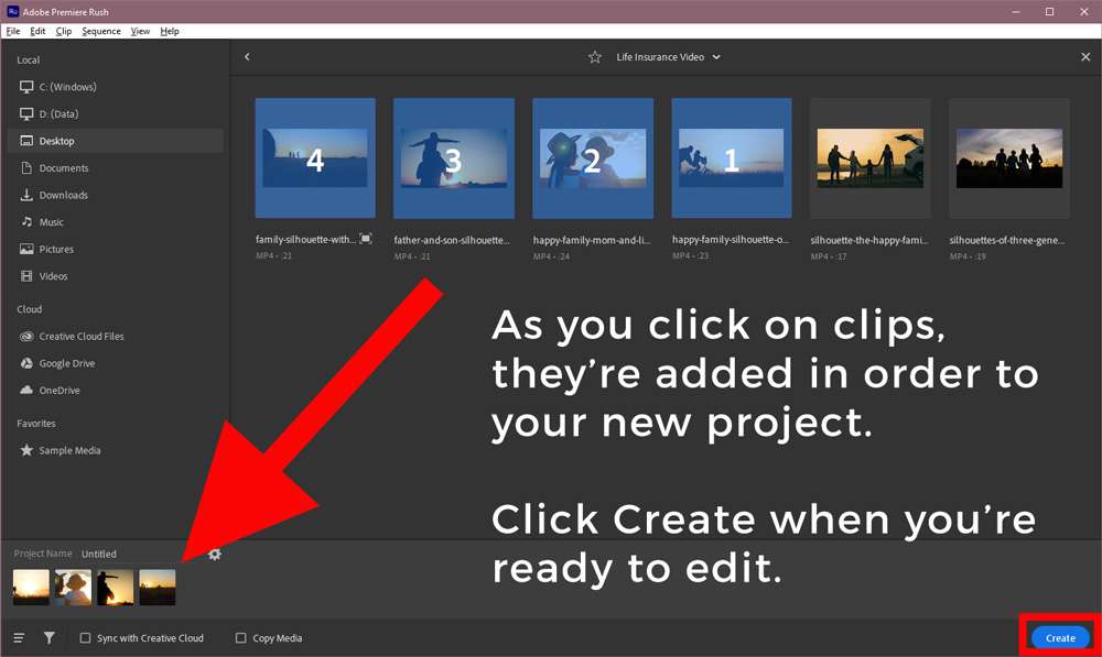 Screenshot of the Adobe Premiere Rush dashboard showing multiple video clips highlighted