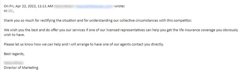 Screenshot of a message from the agent to the reviewer, thanking them for rectifying the situation and saying they'd love to telp them get the life insurance coverage they obviously wanted to have.