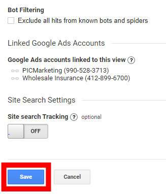 Screenshot of Pinney Insurance's Google Analytics showing the Save option