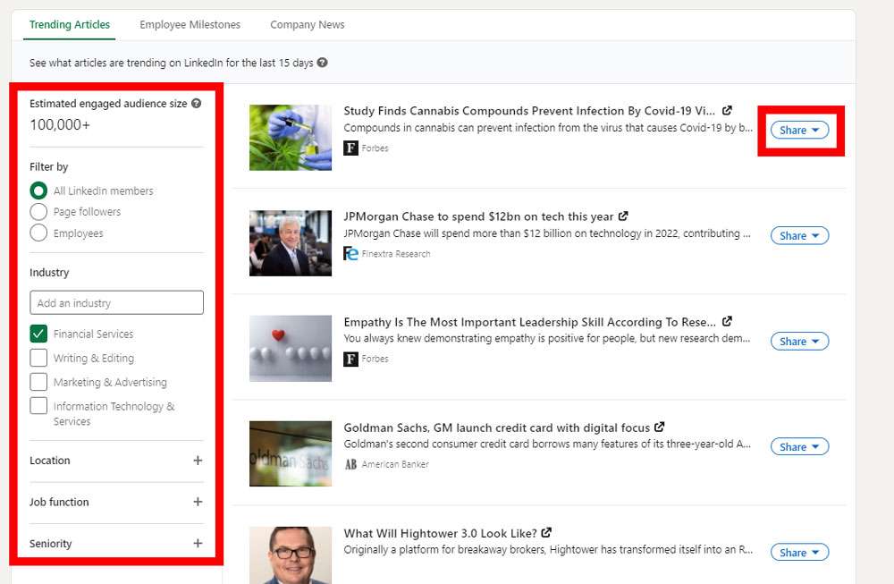 Screenshot of the suggested articles for Pinney Insurance's LinkedIn page