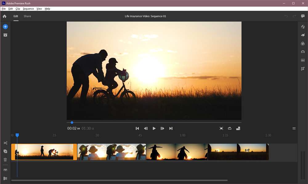 Screenshot of the Adobe Premiere Rush timeline showing all video clips imported and placed