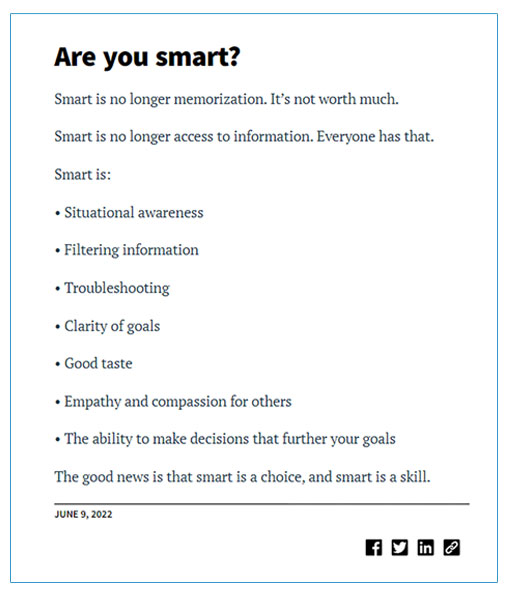 Screenshot of a blog post by Seth Godin where each paragraph is a single short sentence.