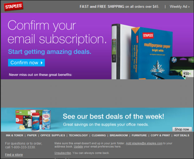 Double opt-in confirmation email example from Staples