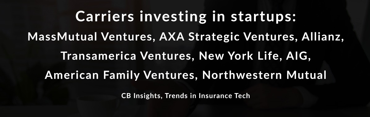 Carriers investing in startups: MassMutual Ventures, AXA Strategic Ventures, Transamerica Ventures, New York Life, AIG, American Family Ventures, Northwestern Mutual