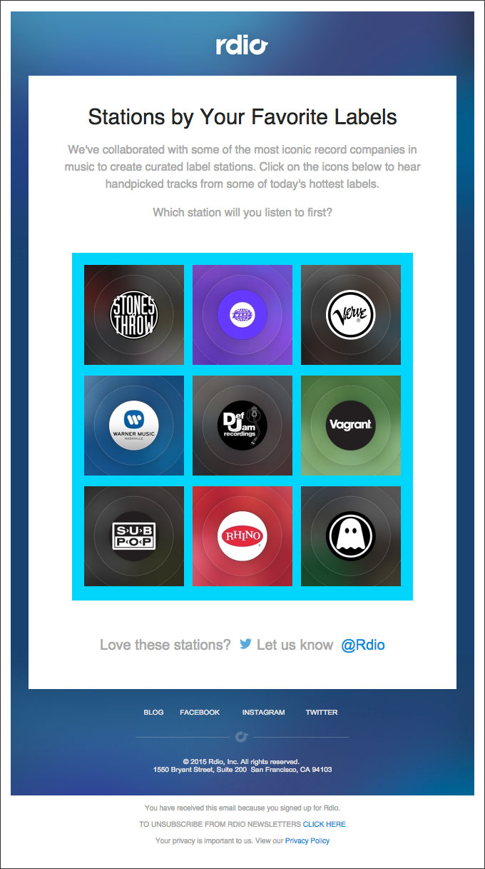 A sample cross-sell email from rdio, offering related products the user might also enjoy