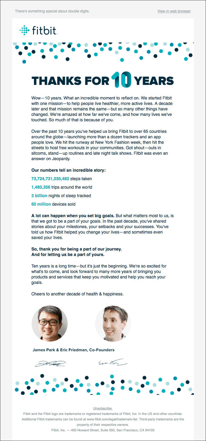 A sample relationship-building email from fitbit, thanking the customer for being part of their 10 years in business