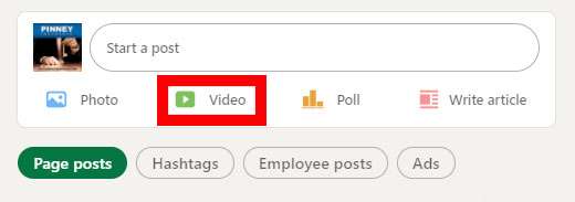 Screenshot of the upload video button on a LinkedIn company page