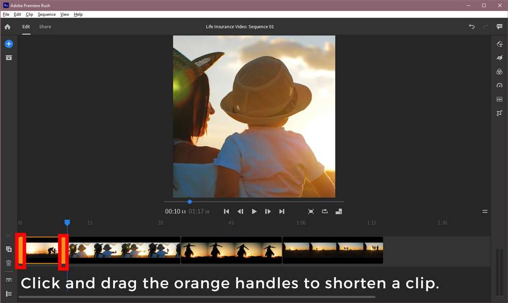 Screenshot of the Adobe Premiere Rush timeline showing the orange handles visible when a clip is selected