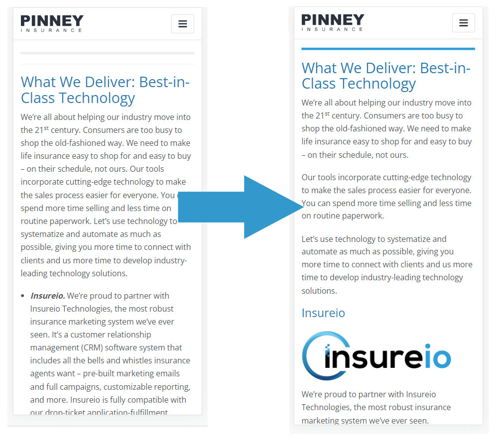 Screenshot of content on the Pinney Insurance site on a mobile device in a 'before' and 'after' composite. Before, the text was overwhelming. Afterward, it is broken up in 2-sentence paragraphs with an extra subheading and image.