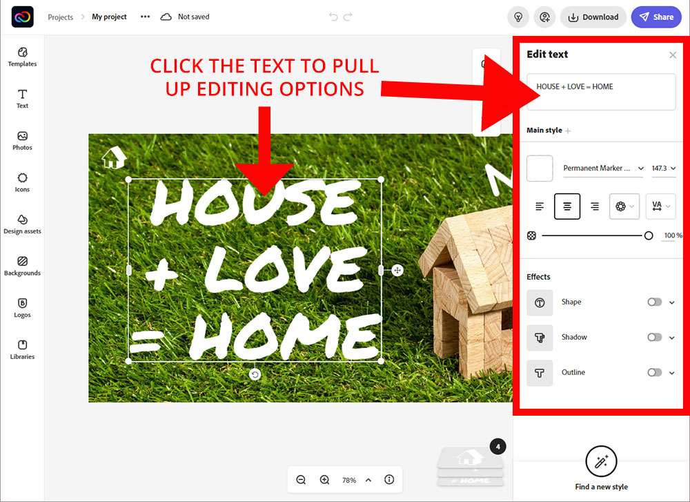 Screenshot of the text editing menu within Adobe Creative Cloud Express