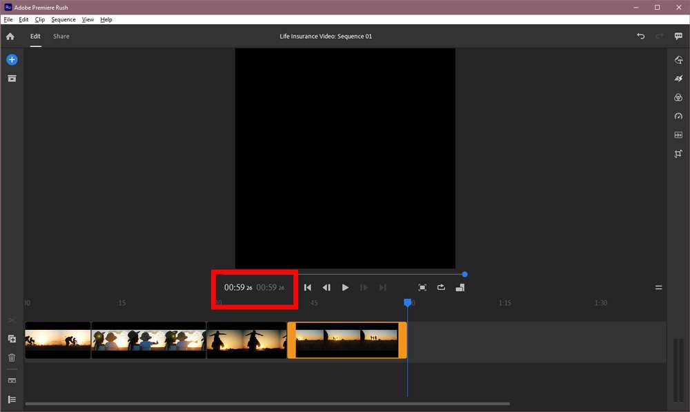 Screenshot of the Adobe Premiere Rush timeline with the total video time highlighted