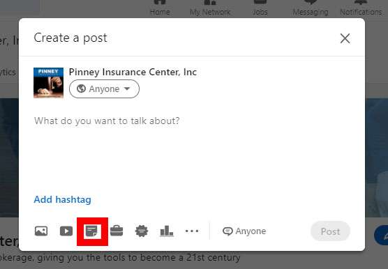 Screenshot of the upload document button in a draft LinkedIn post