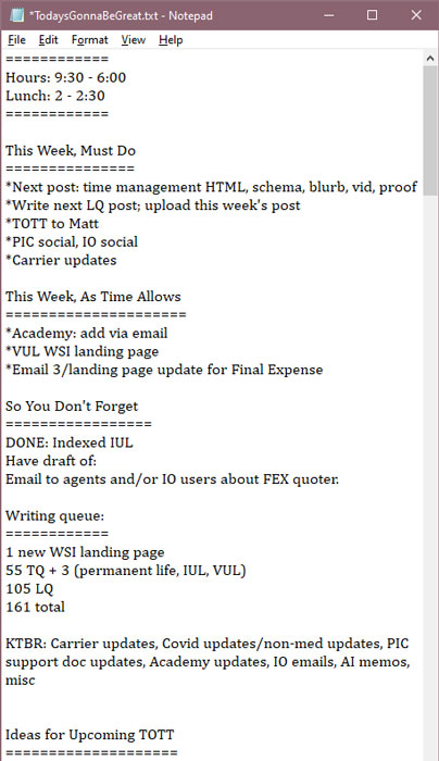 Screenshot of a txt file with the day's tasks outlined