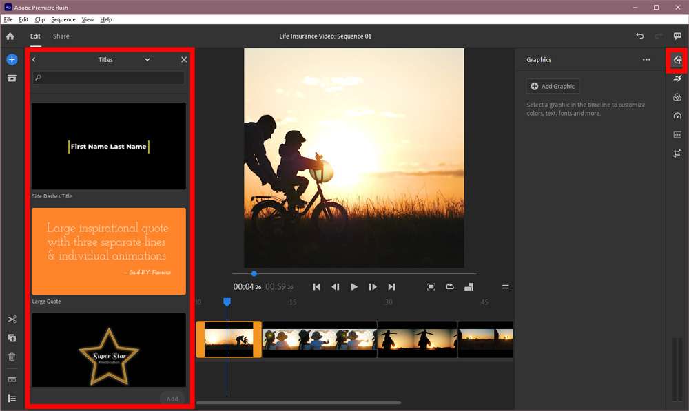 Screenshot of the Adobe Premiere Rush workspace with the graphic options available to insert highlighted