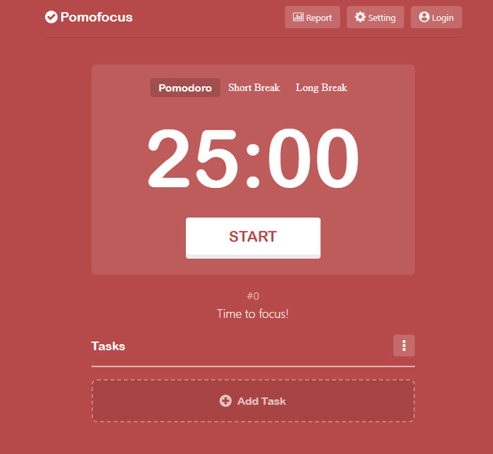 Screenshot of Pomofocus's home page, showing the timer app's interface