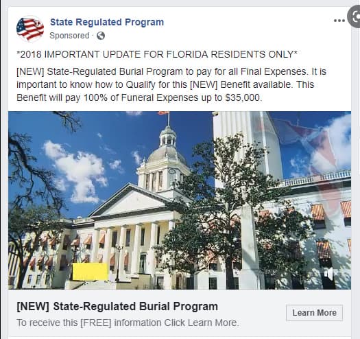 Screenshot of a Facebook ad for final expense life insurance that never mentions final expense life insurance