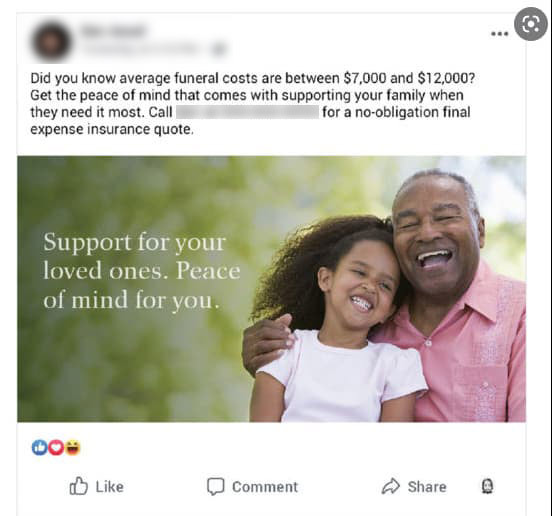 Screenshot of a Facebook ad clearly explaining that final expense life insurance helps with funeral costs